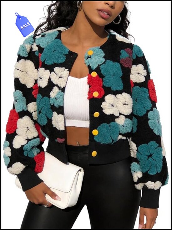 Jackets & Blazers - Cropped Floral Print Bomber Jacket Warm Fleece Varsity Coat
